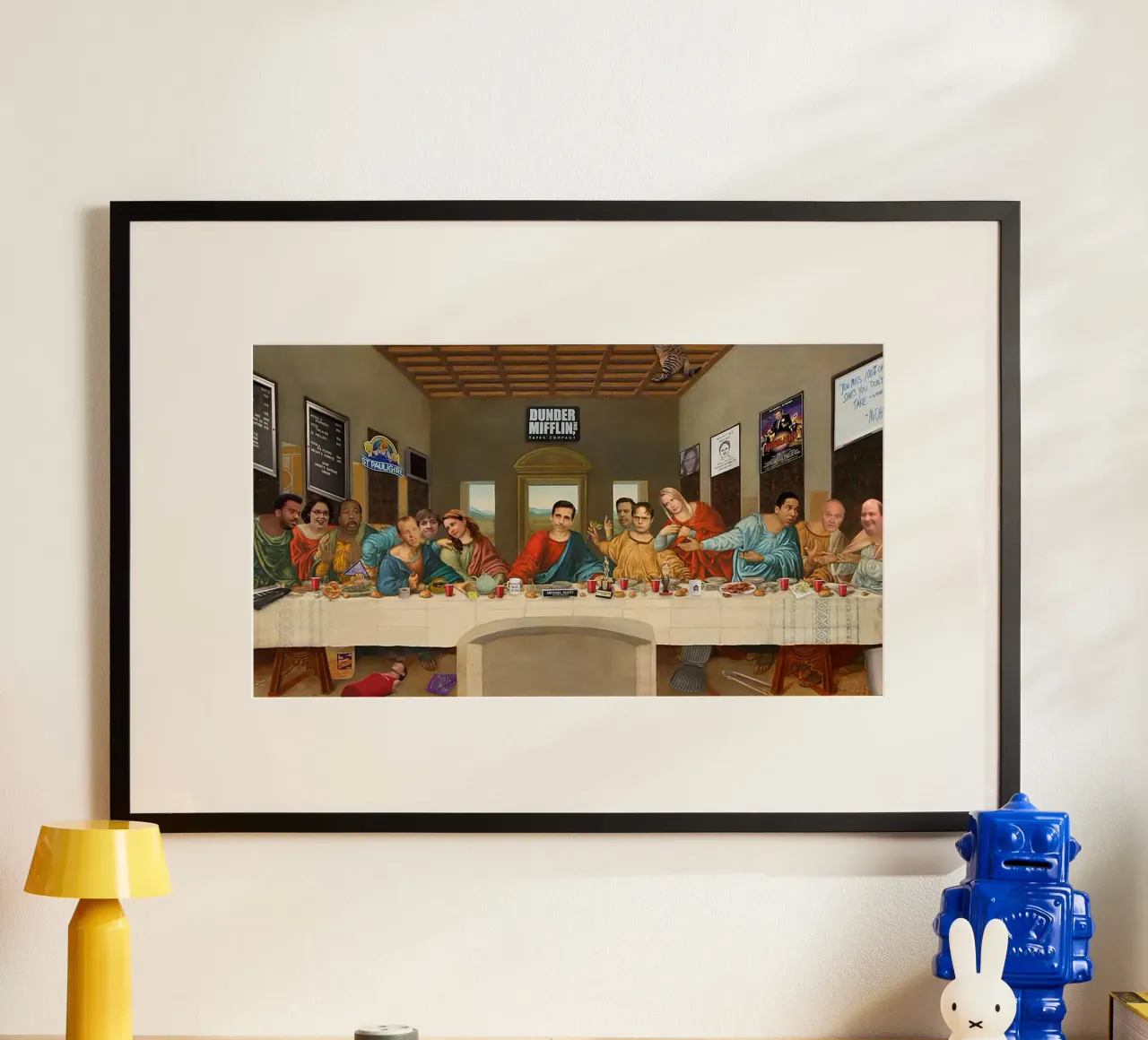 The Last Supper in the Office poster con marco de madera de Attaboy Dsgn