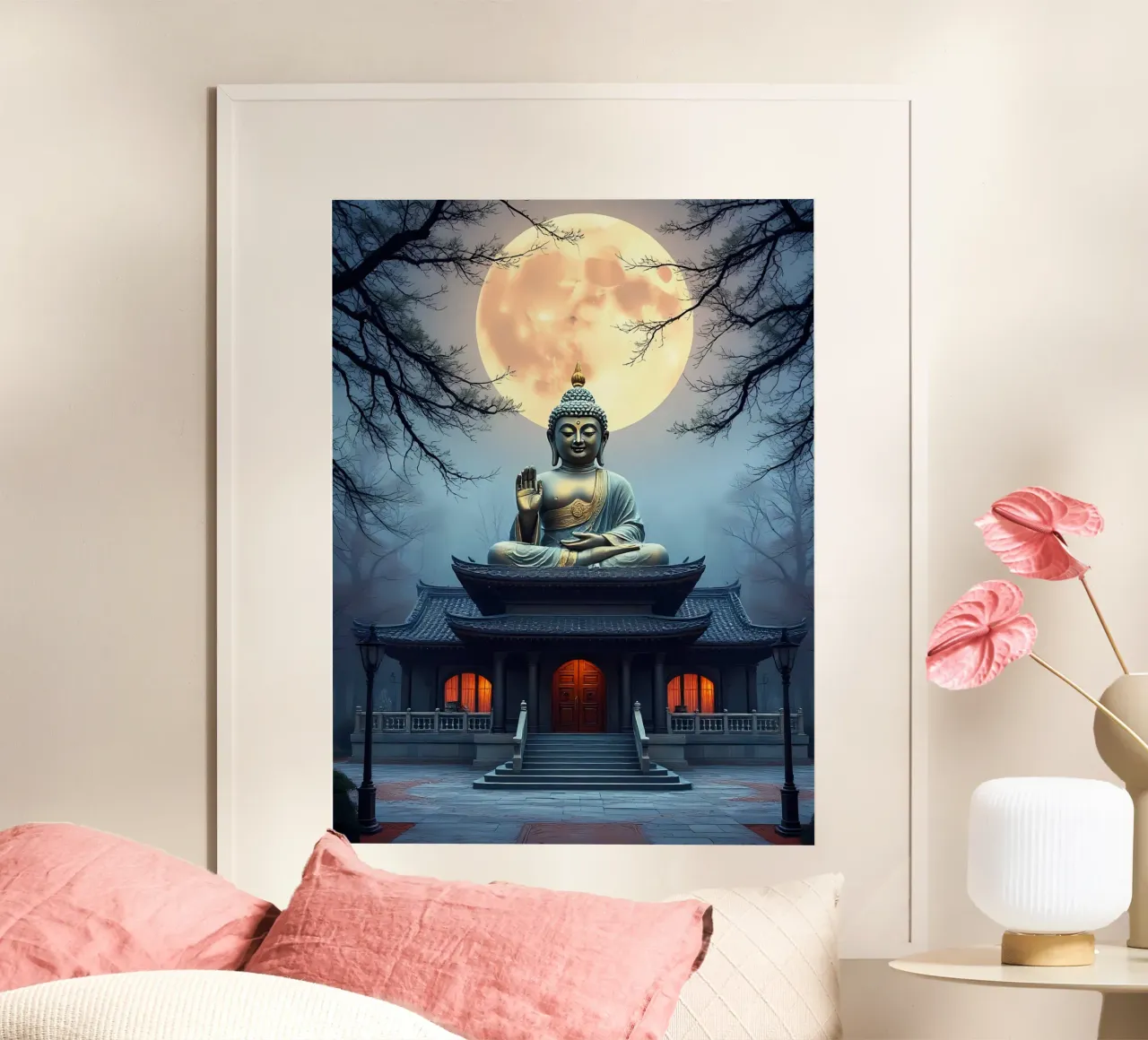Buddha im Mondlicht poster con telaio in plastica da kosinsart.gallery