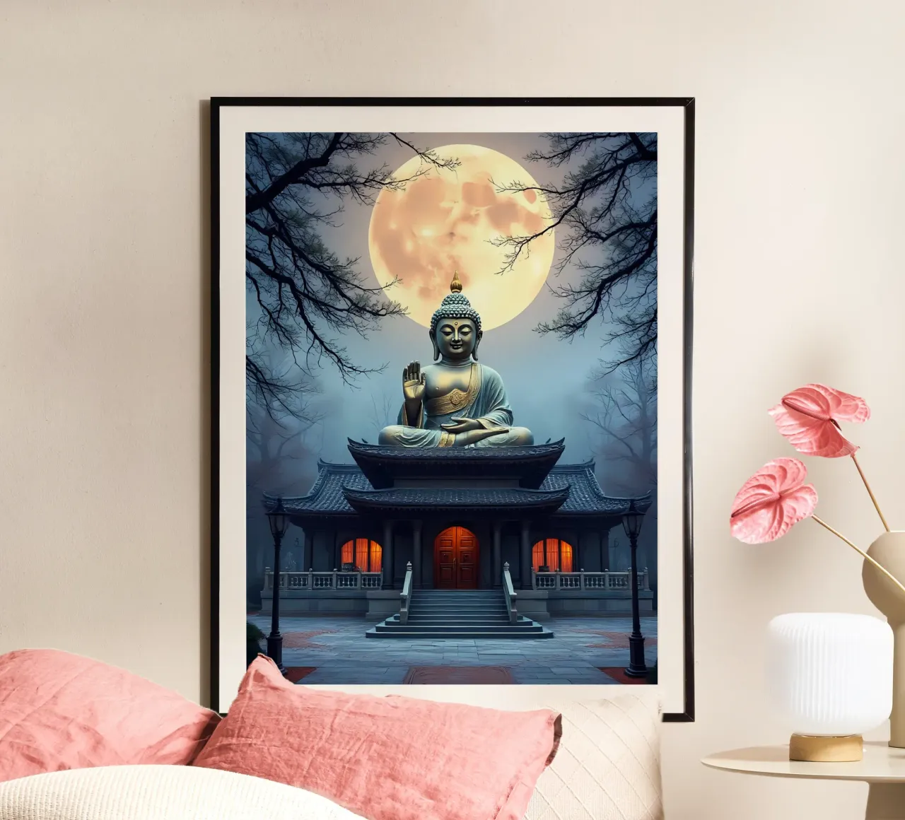 Buddha im Mondlicht poster con telaio in plastica da kosinsart.gallery