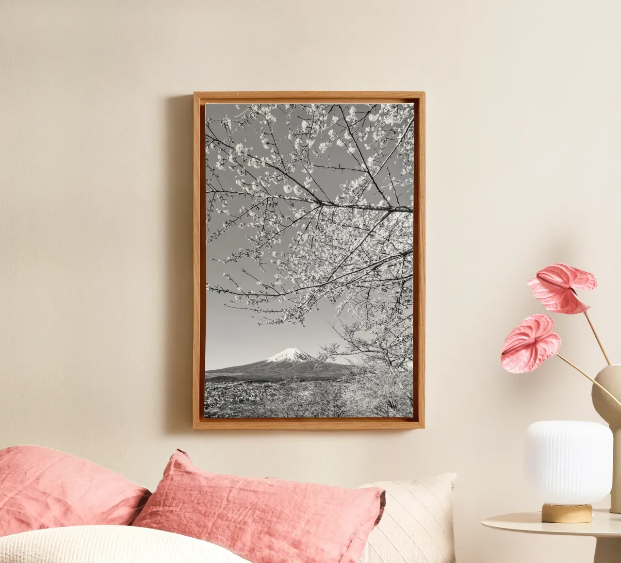 Charming view of Mount Fuji during cherry blossom | monochrom canvas with Floater frame by Melanie Viola
