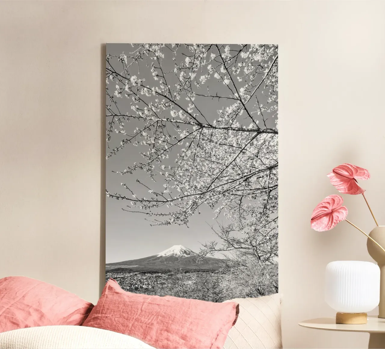 Charming view of Mount Fuji during cherry blossom | monochrom canvas with Floater frame by Melanie Viola