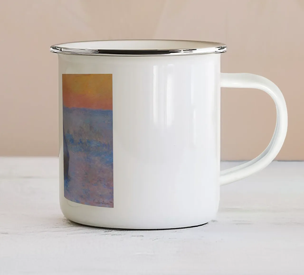 Claude Monet Cataste di grano, tramonto, effetto neve 1890 tazza in smalto da Monet Art Prints