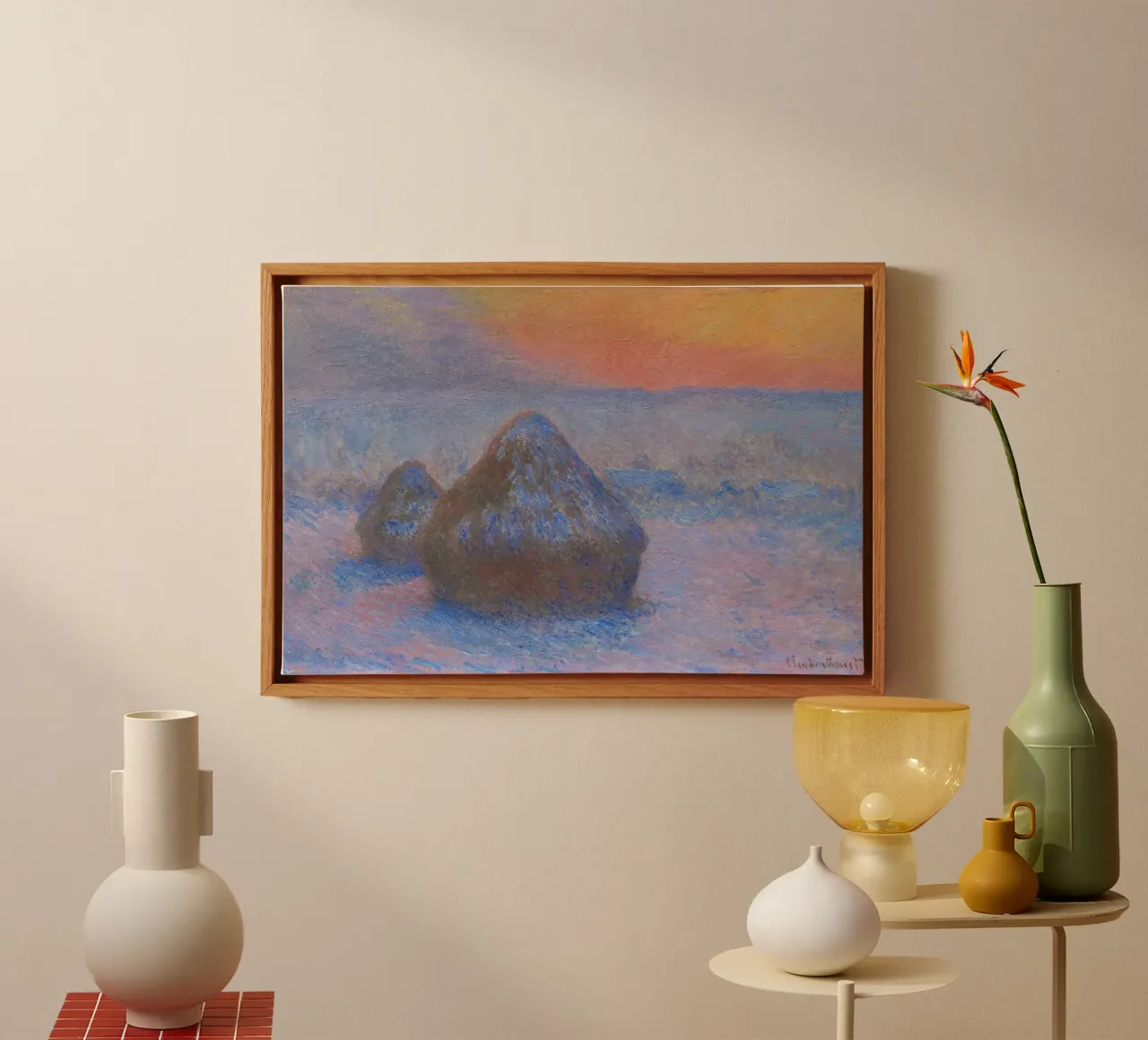 Claude Monet Stacks of Wheat, Sunset, Snow Effect 1890 canvas with Floater frame by Monet Art Prints