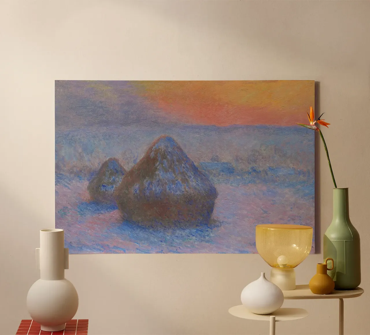 Claude Monet Stacks of Wheat, Sunset, Snow Effect 1890 canvas with Floater frame by Monet Art Prints