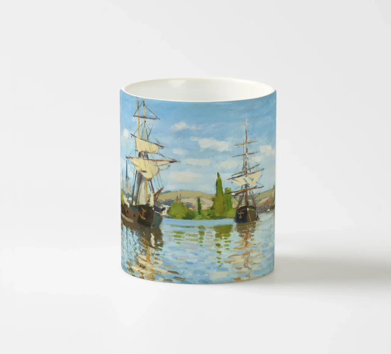 Ships Riding on the Seine at Rouen (1872–1873) by Claude Mon ceramic mug by Monet Art Prints