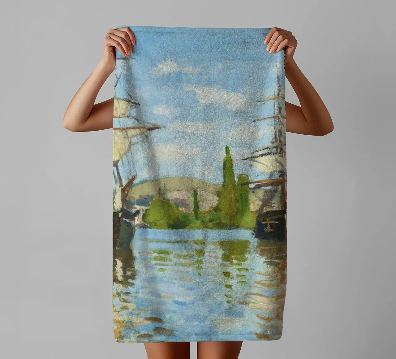 Ships Riding on the Seine at Rouen (1872–1873) by Claude Mon towel by Monet Art Prints