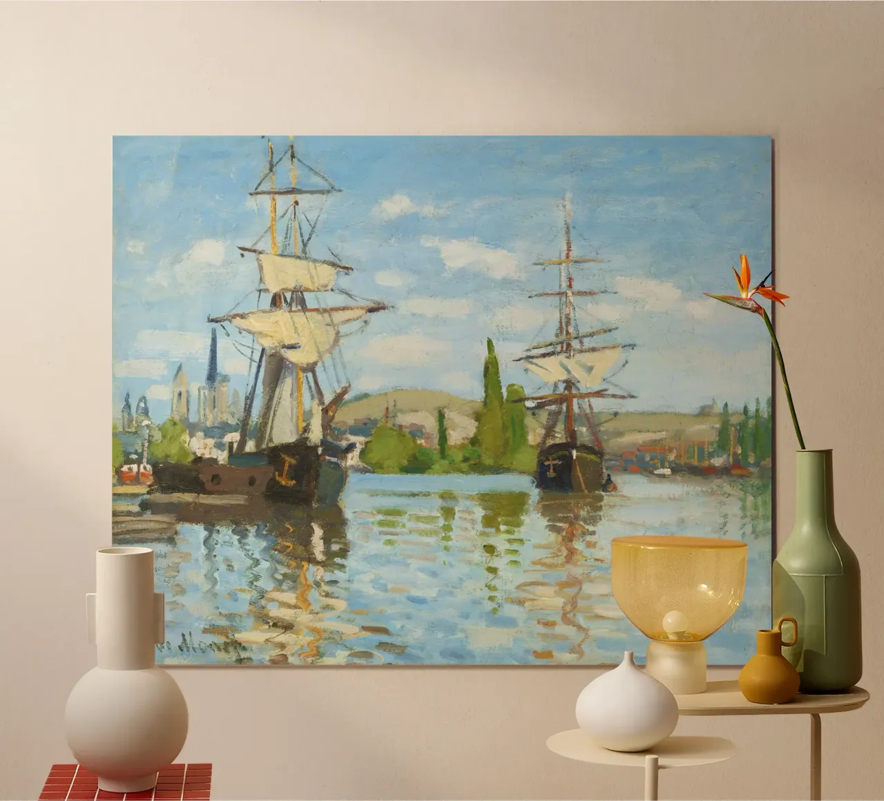 Navi a cavallo sulla Senna a Rouen (1872-1873) di Claude Mon poster con telaio in plastica da Monet Art Prints