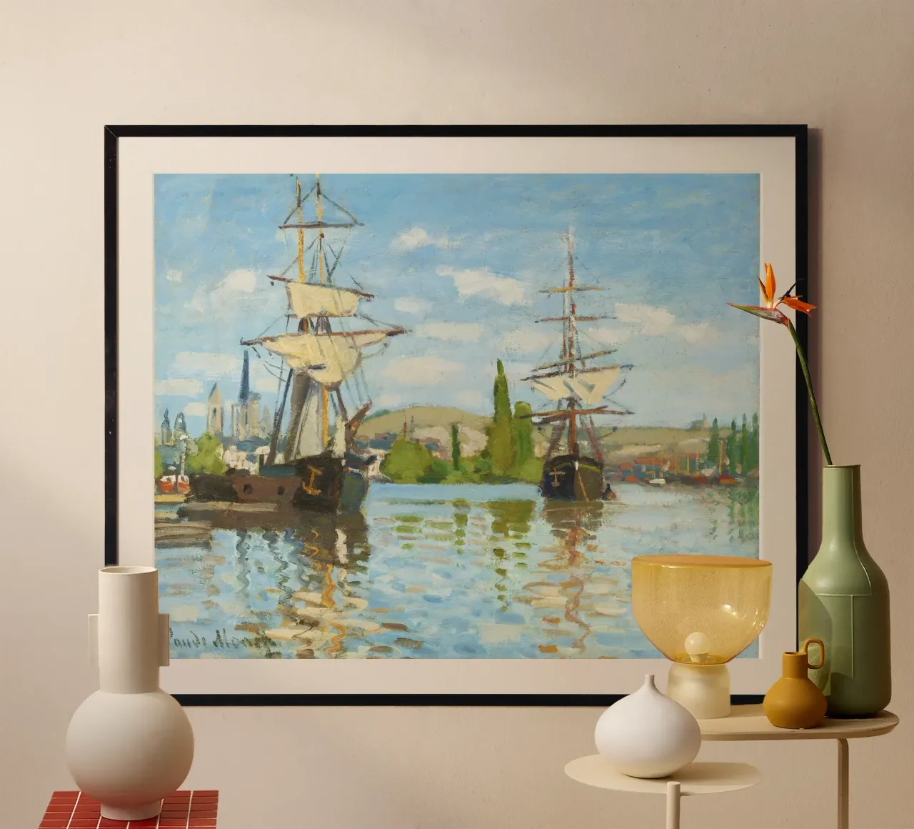 Navi a cavallo sulla Senna a Rouen (1872-1873) di Claude Mon poster con telaio in plastica da Monet Art Prints