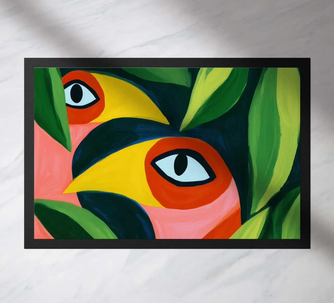 Due uccelli divertenti - Pittura su tela colorata zerbino da Autofocus