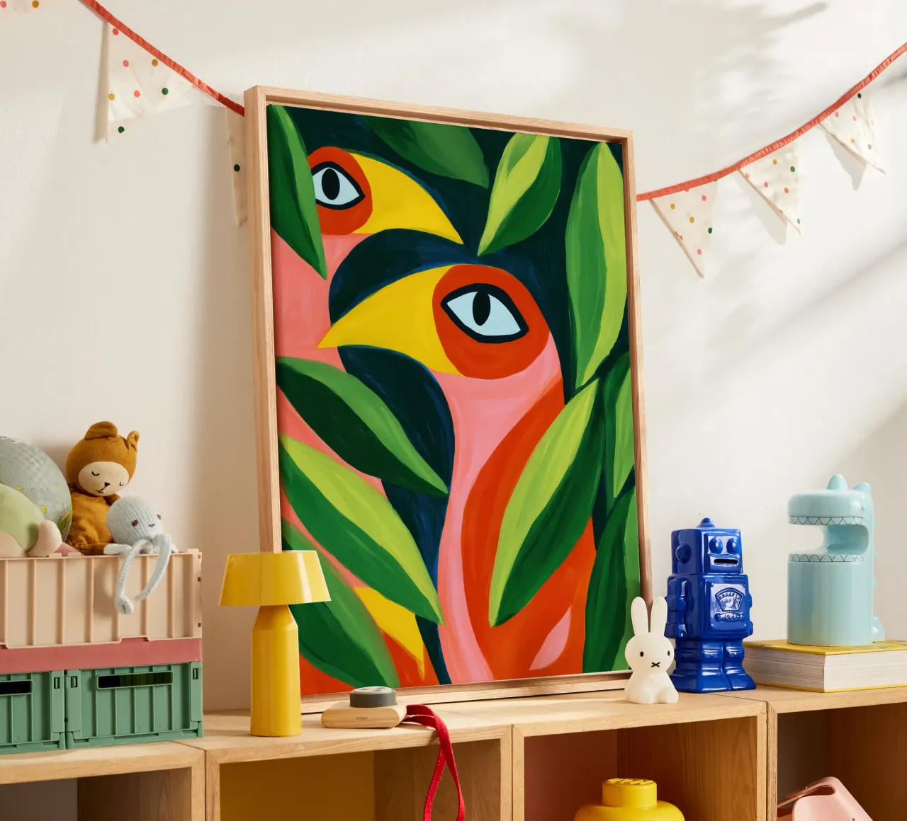 Twee grappige vogels | Kleurrijk canvas schilderij canvas met Baklijst van Autofocus