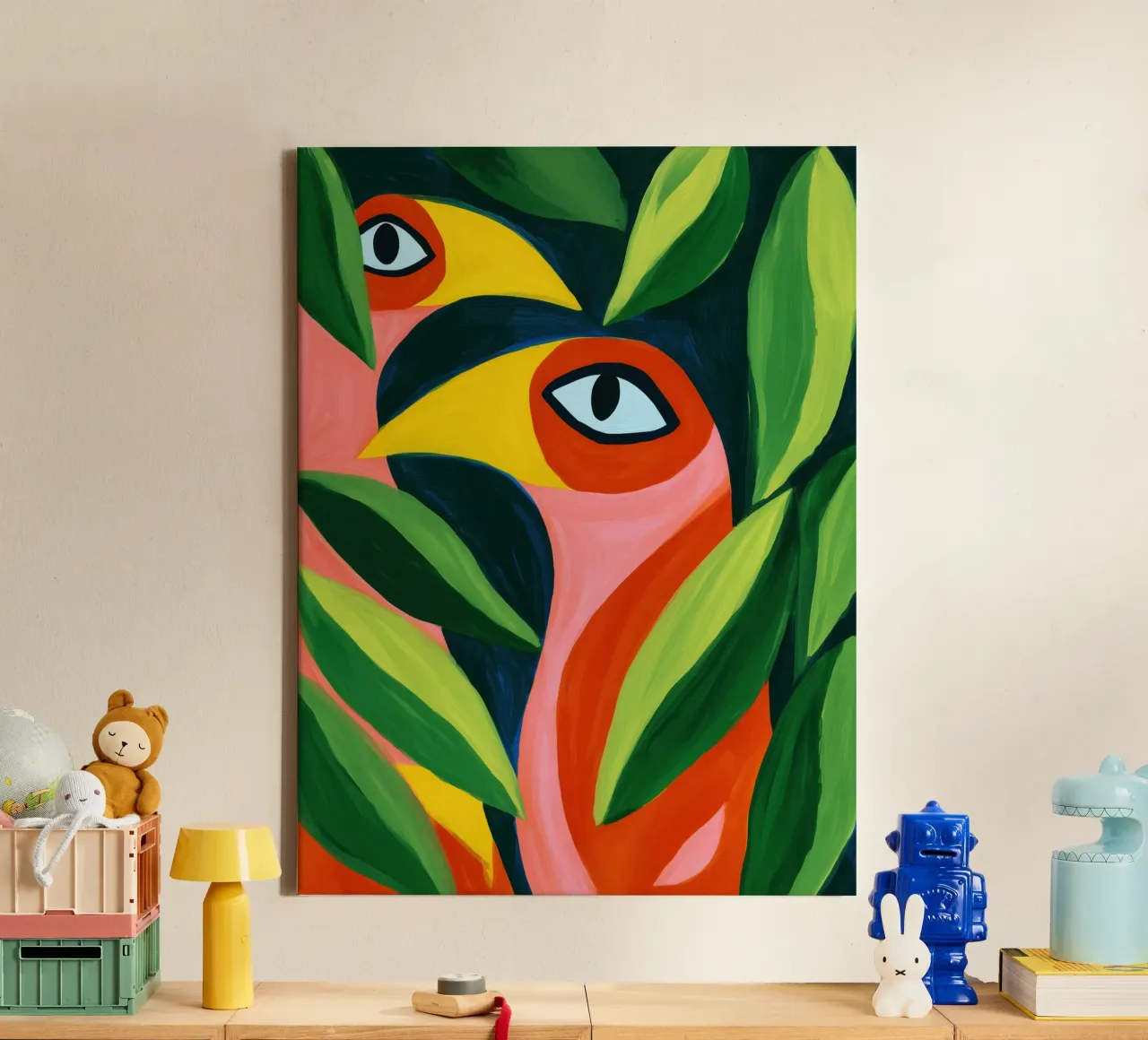 Twee grappige vogels | Kleurrijk canvas schilderij canvas met Baklijst van Autofocus
