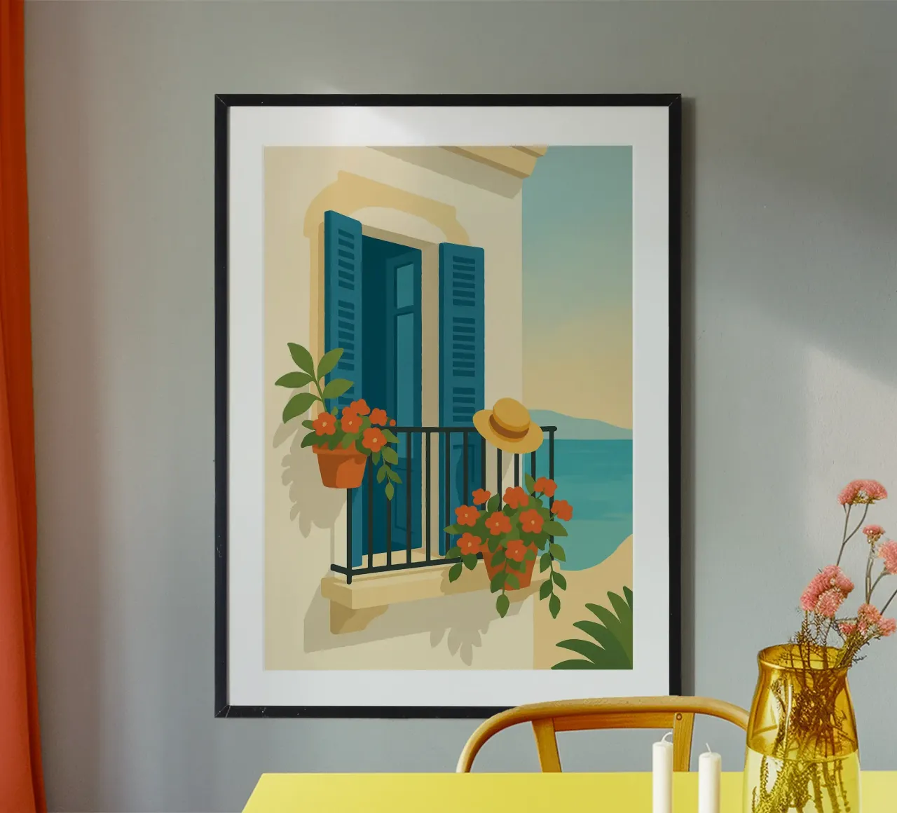 Old Town Balcony poster con telaio in plastica da Mosaic Dialogue
