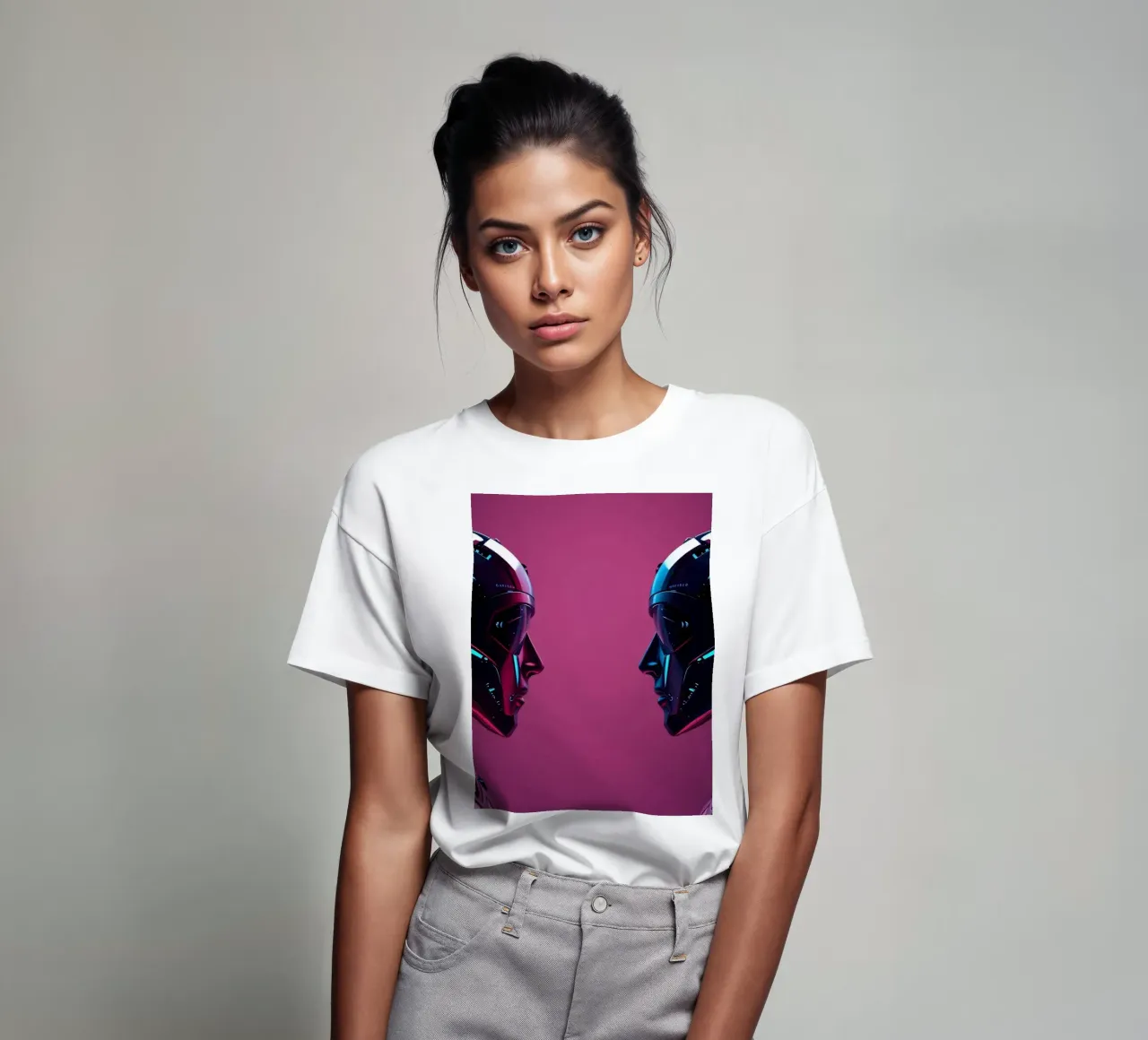 Futuristic robots facing each other in a stylized cybernetic t-shirt by DesignDoodle