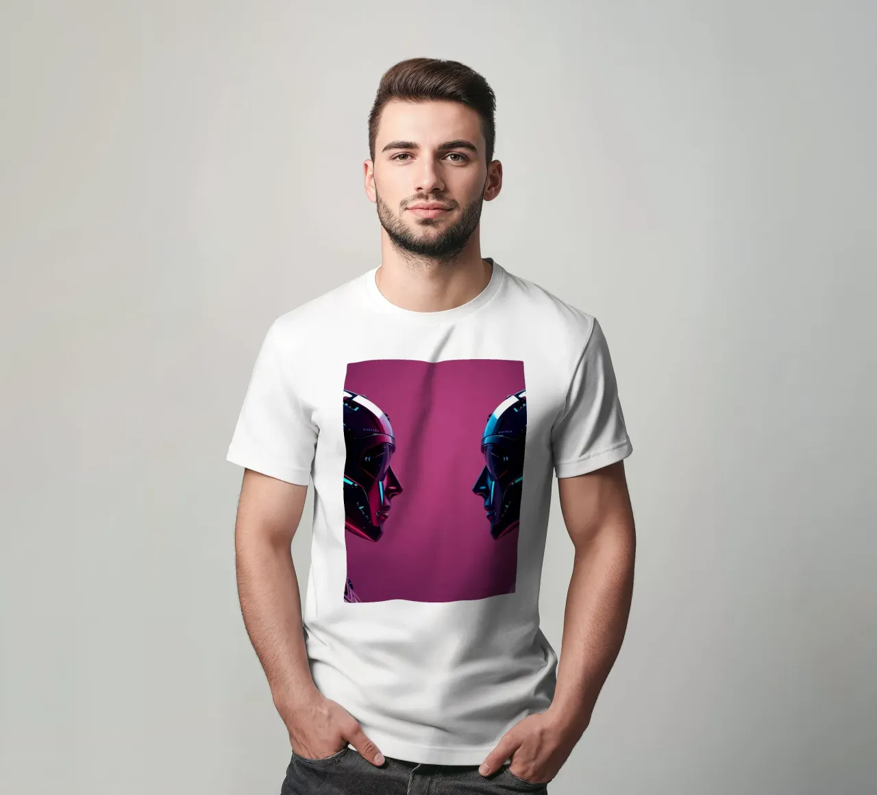 Futuristic robots facing each other in a stylized cybernetic t-shirt by DesignDoodle
