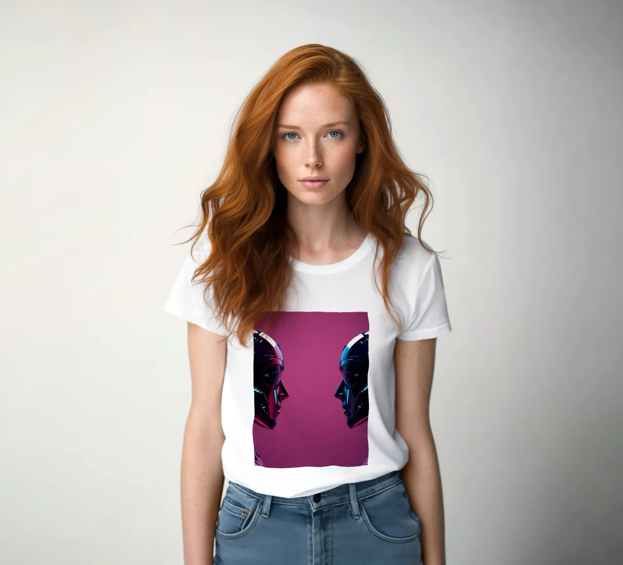 Futuristic robots facing each other in a stylized cybernetic women's fitted t-shirt by DesignDoodle
