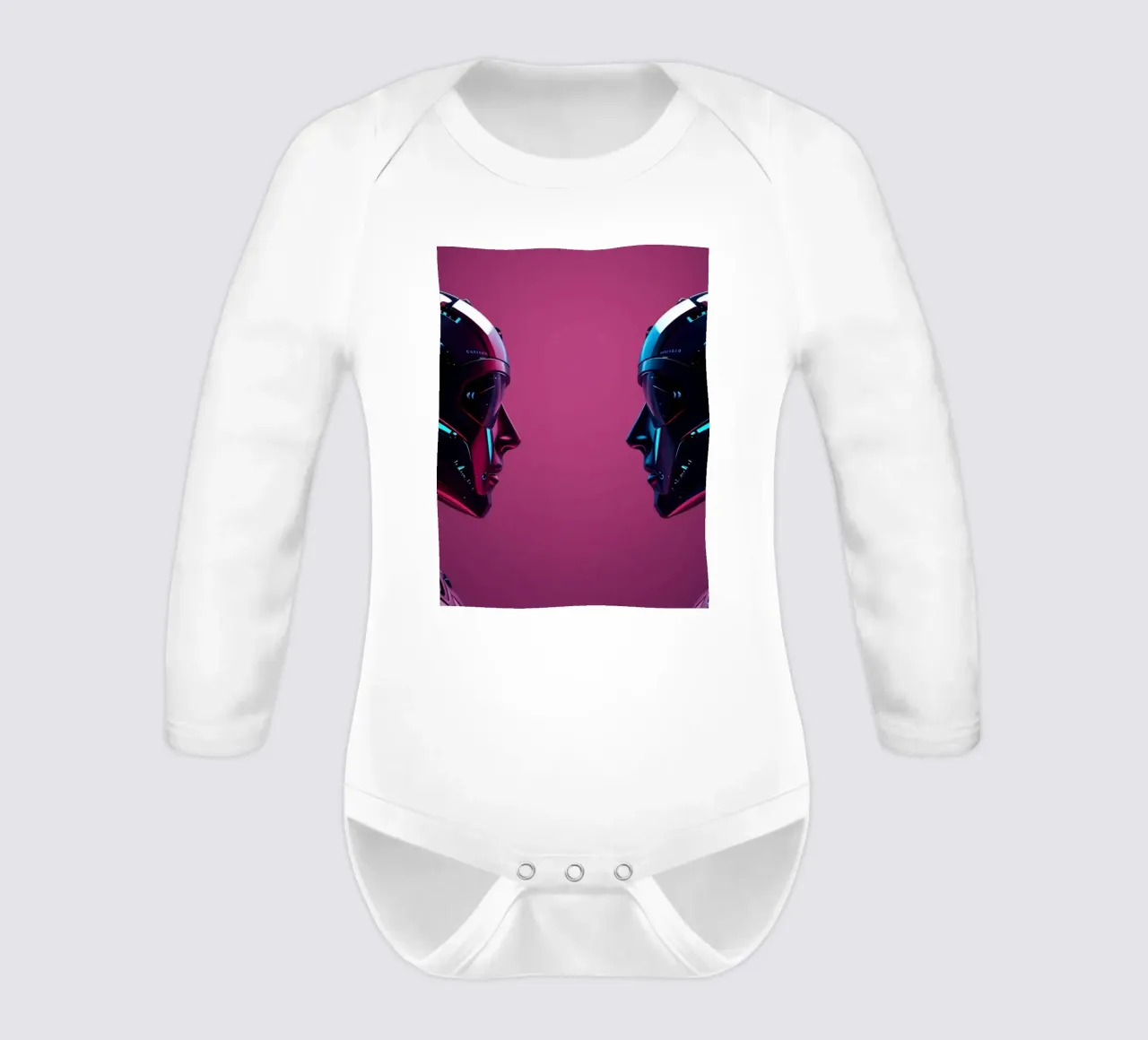 Futuristic robots facing each other in a stylized cybernetic long-sleeve baby romper by DesignDoodle