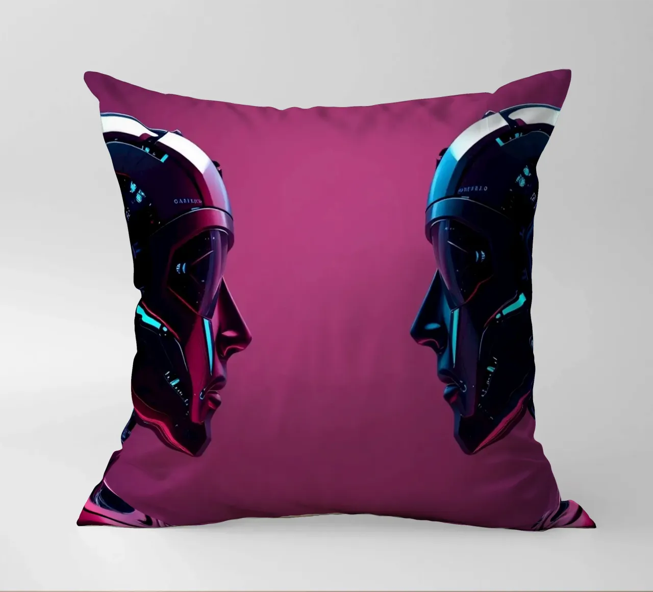 Robot futuristici che si fronteggiano in un'immagine cibernetica stilizzata. cuscino da DesignDoodle