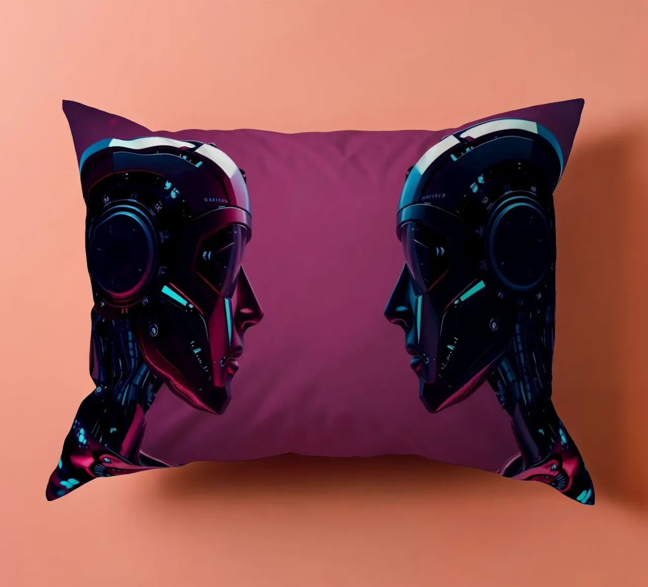 Robot futuristici che si fronteggiano in un'immagine cibernetica stilizzata. cuscino da DesignDoodle