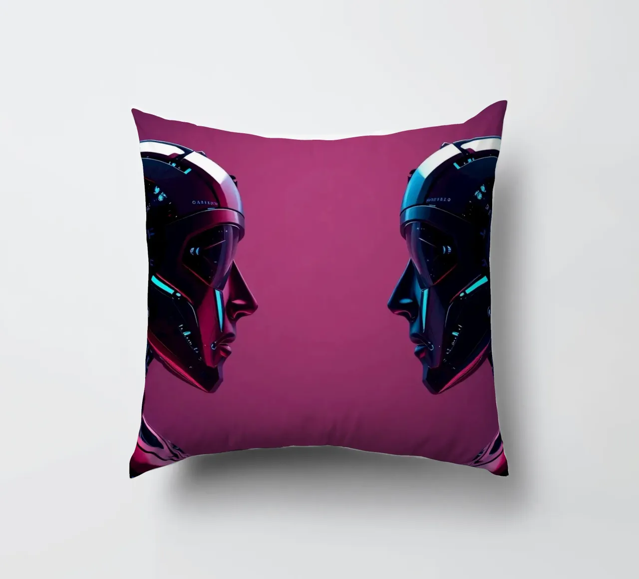 Robot futuristici che si fronteggiano in un'immagine cibernetica stilizzata. cuscino da DesignDoodle