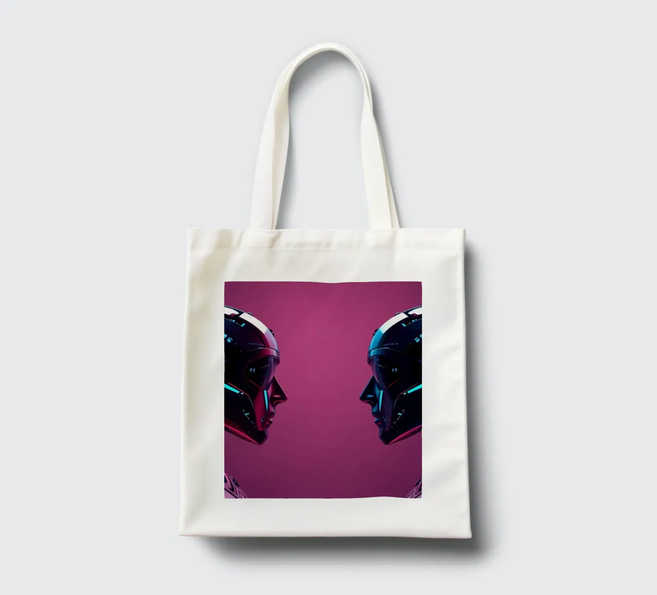 Robot futuristici che si fronteggiano in un'immagine cibernetica stilizzata. borsa in juta da DesignDoodle