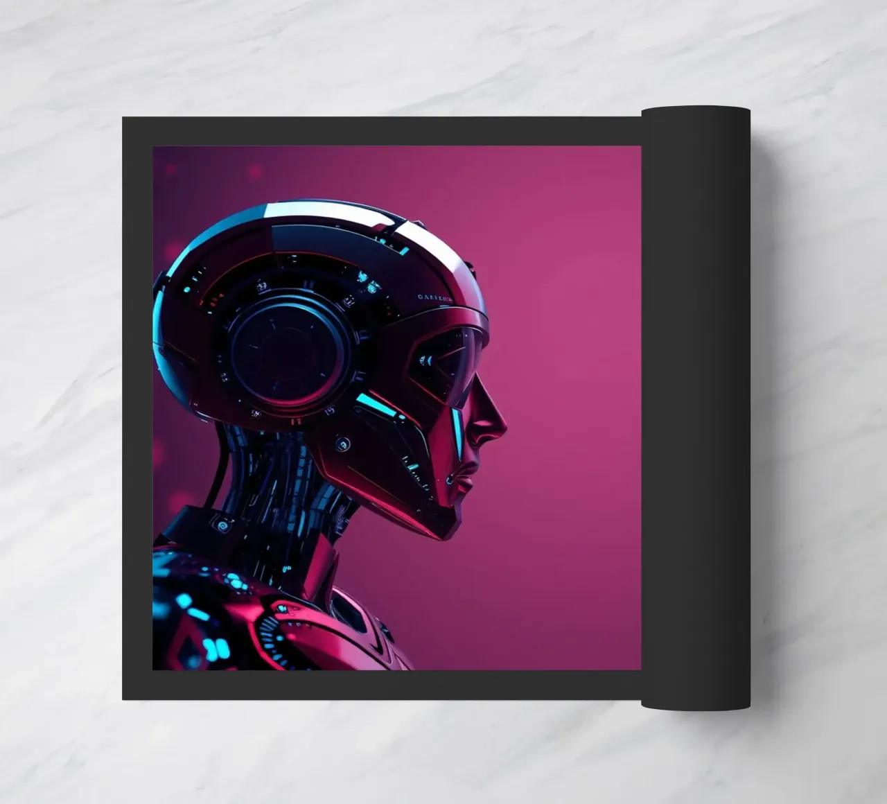 Robot futuristici che si fronteggiano in un'immagine cibernetica stilizzata. zerbino da DesignDoodle
