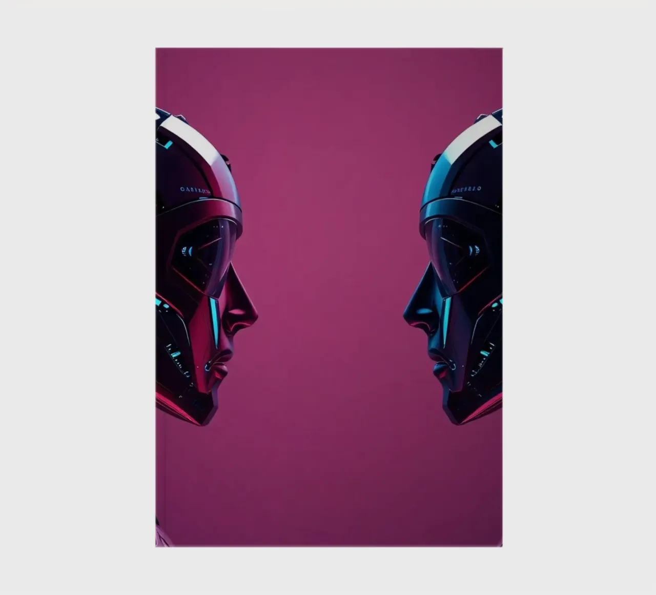 Futuristic robots facing each other in a stylized cybernetic notebook by DesignDoodle