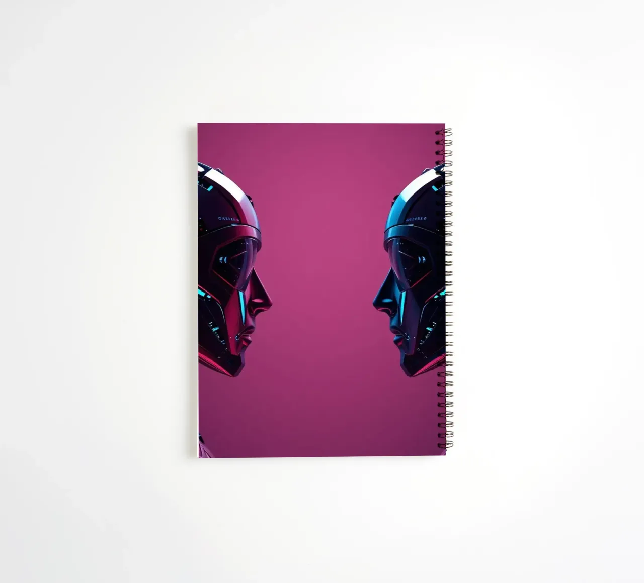 Futuristic robots facing each other in a stylized cybernetic spiral notebook by DesignDoodle