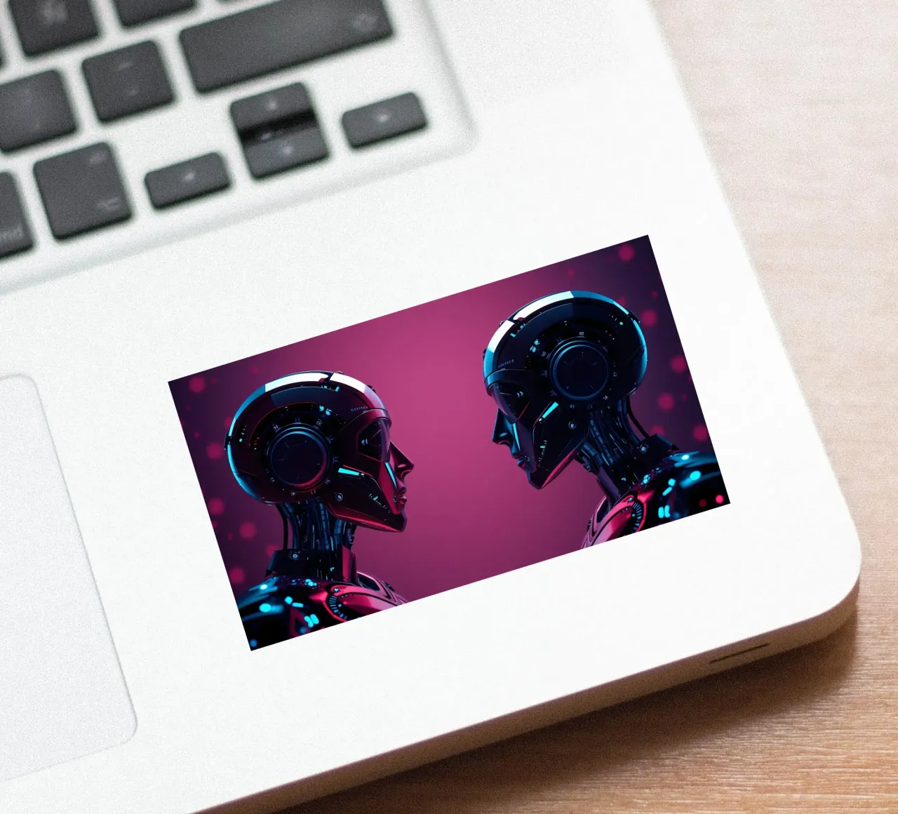Des robots futuristes se font face dans un décor cybernétique stylisé. autocollant de DesignDoodle