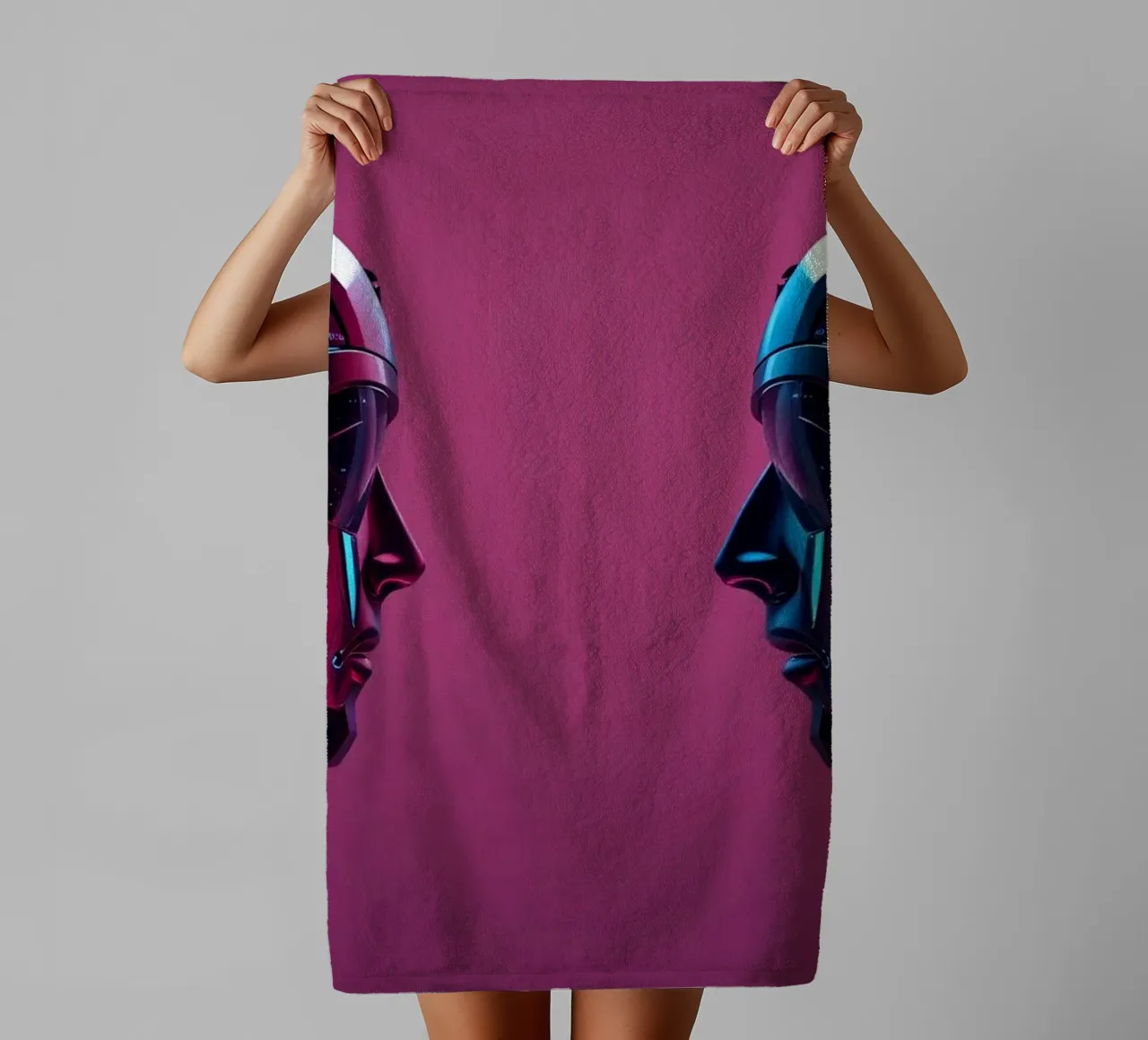 Futuristic robots facing each other in a stylized cybernetic towel by DesignDoodle