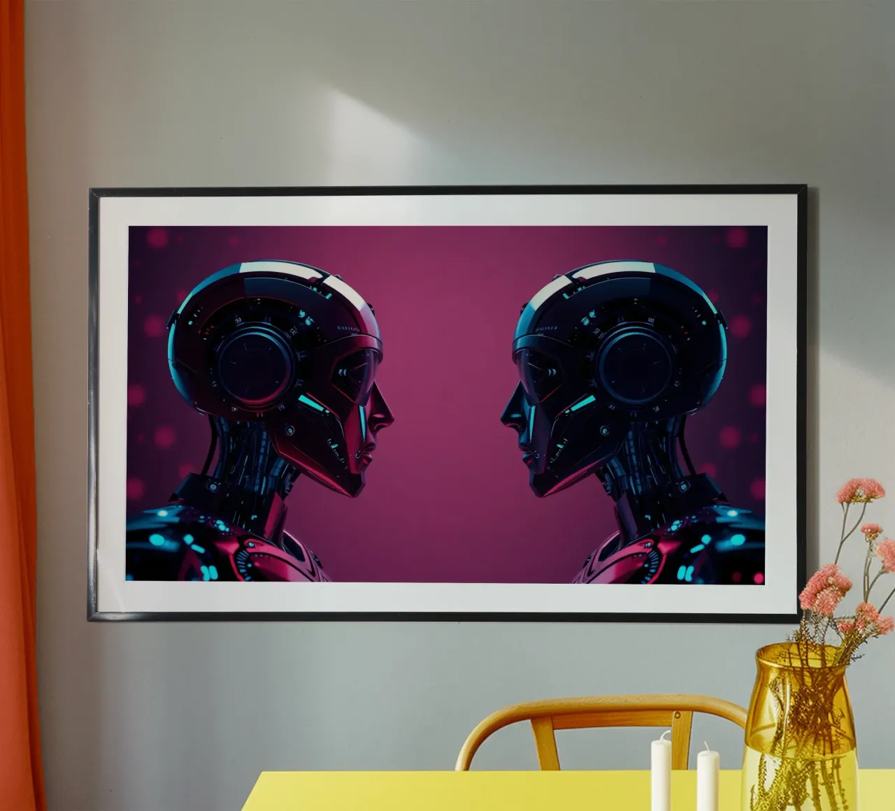 Robot futuristici che si fronteggiano in un'immagine cibernetica stilizzata. poster con telaio in plastica da DesignDoodle