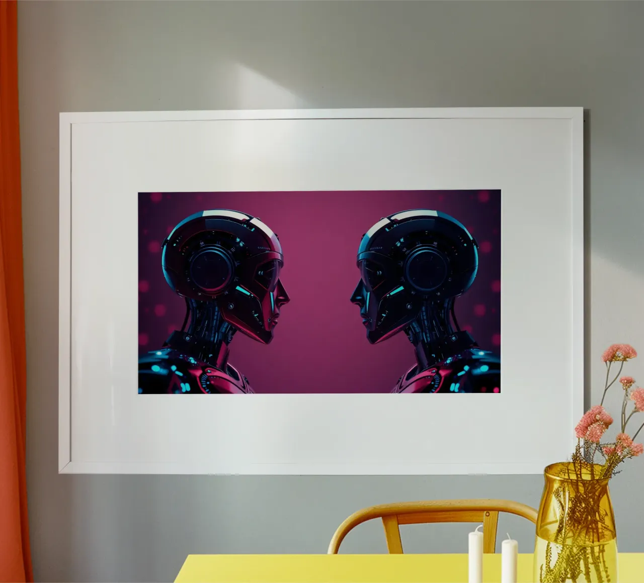 Robot futuristici che si fronteggiano in un'immagine cibernetica stilizzata. poster con telaio in plastica da DesignDoodle