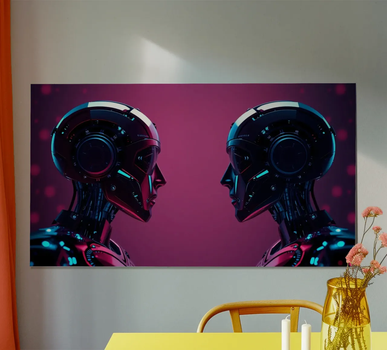 Robot futuristici che si fronteggiano in un'immagine cibernetica stilizzata. poster con telaio in plastica da DesignDoodle