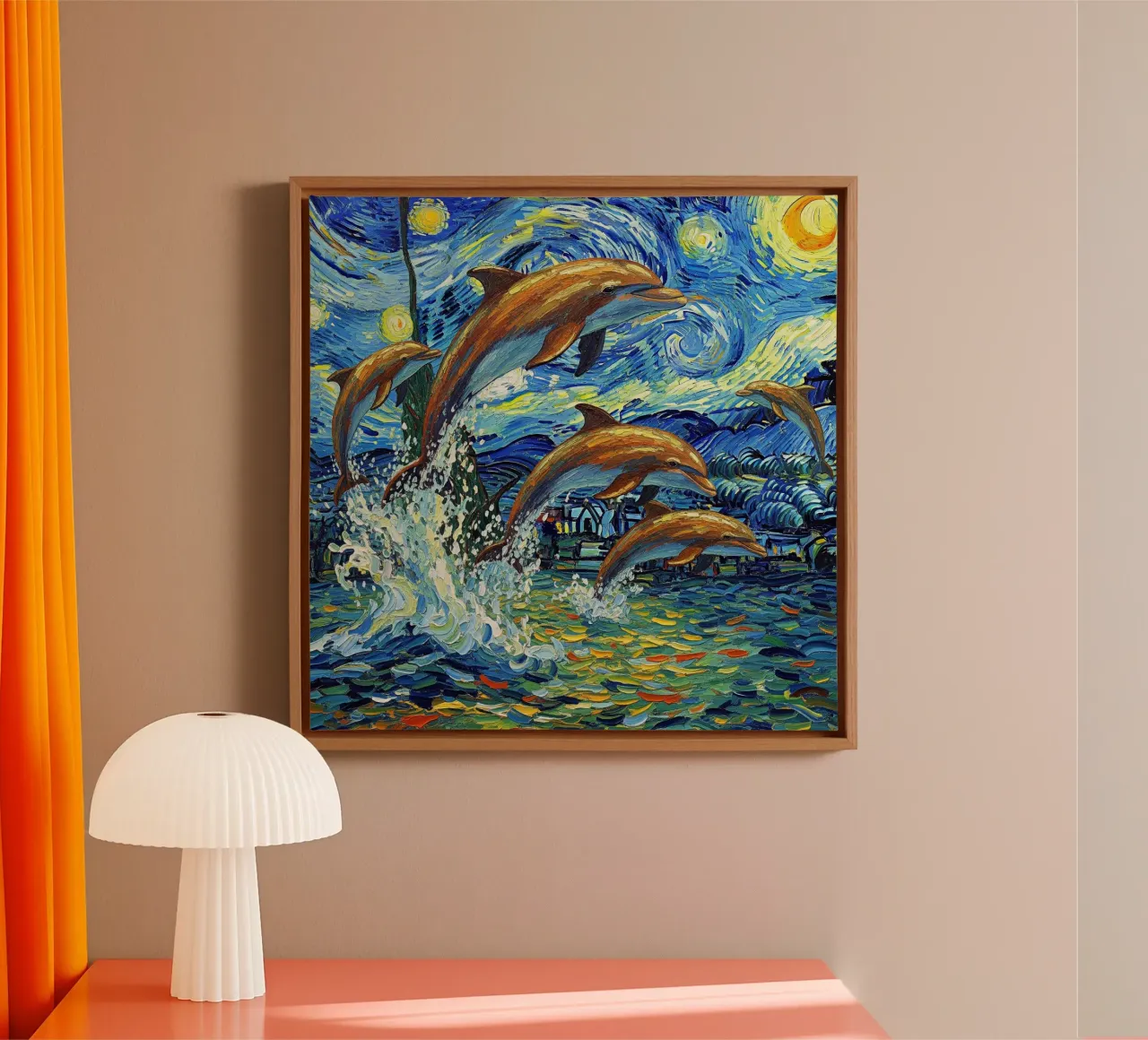 Delphin springen Meer Leinwand mit Schattenfugenrahmen von NEW LIFE