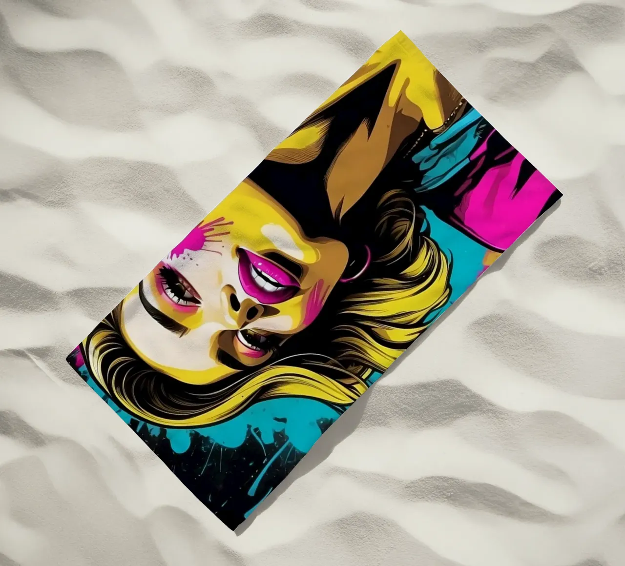 giovane donna dai capelli vivaci e dall'espressione giocosa telo mare da DesignDoodle