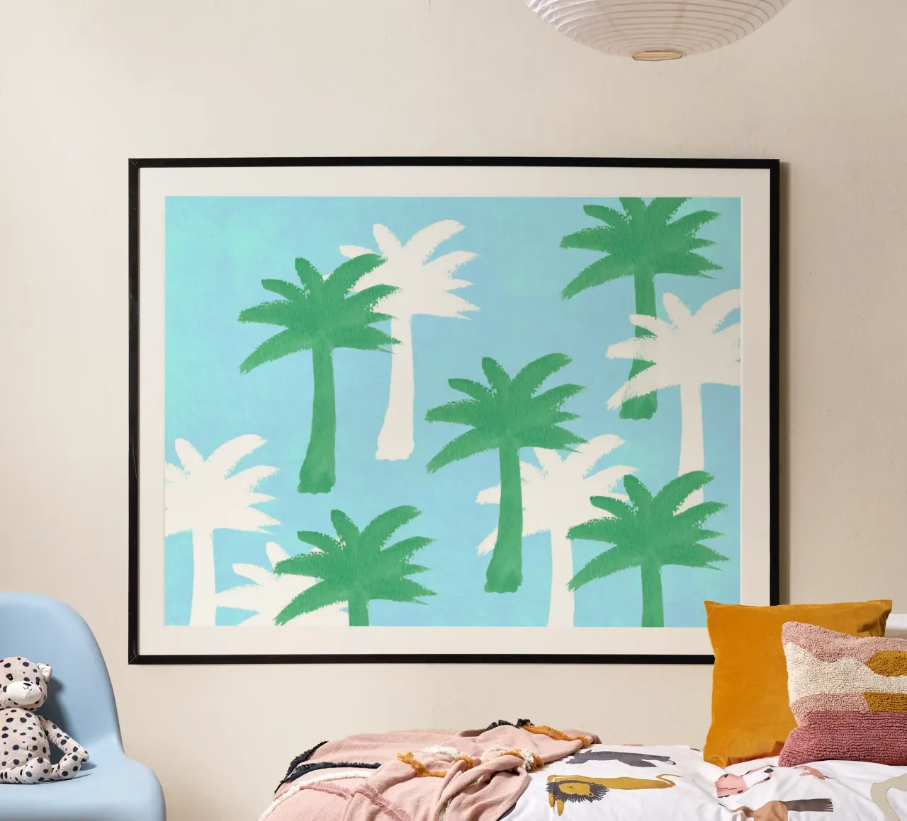 Motif de palmiers - Bleu vert poster avec cadre en bois de intemporalis