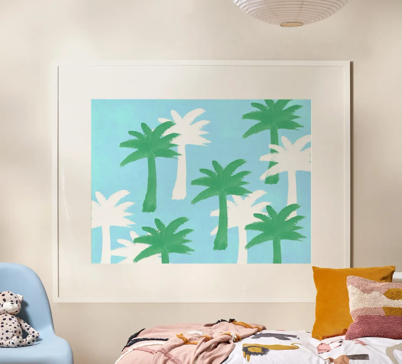 Motif de palmiers - Bleu vert poster avec cadre en bois de intemporalis