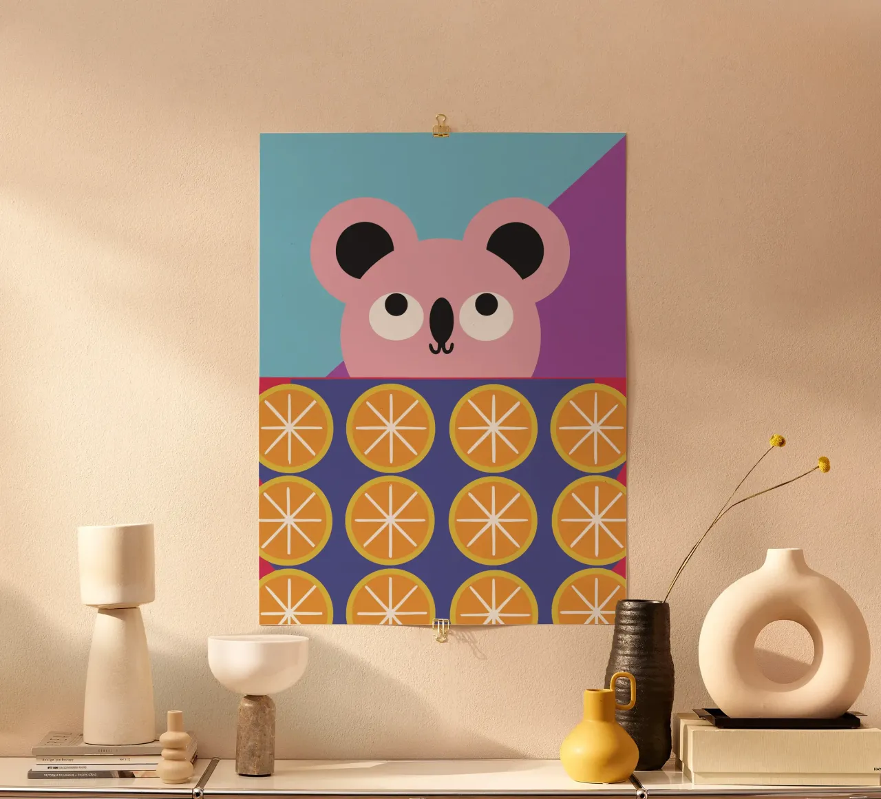 Koala e frutta arancione poster con telaio in plastica da LOOK DIFFERENT