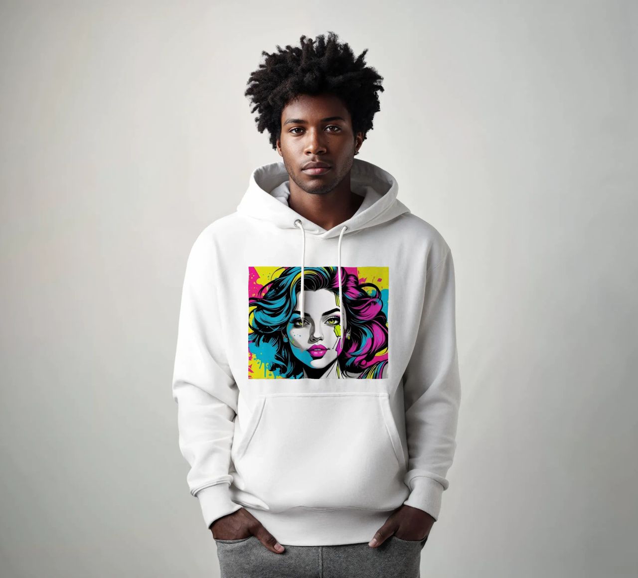 woman's portrait with bold colors and dynamic splashes hoodie by DesignDoodle
