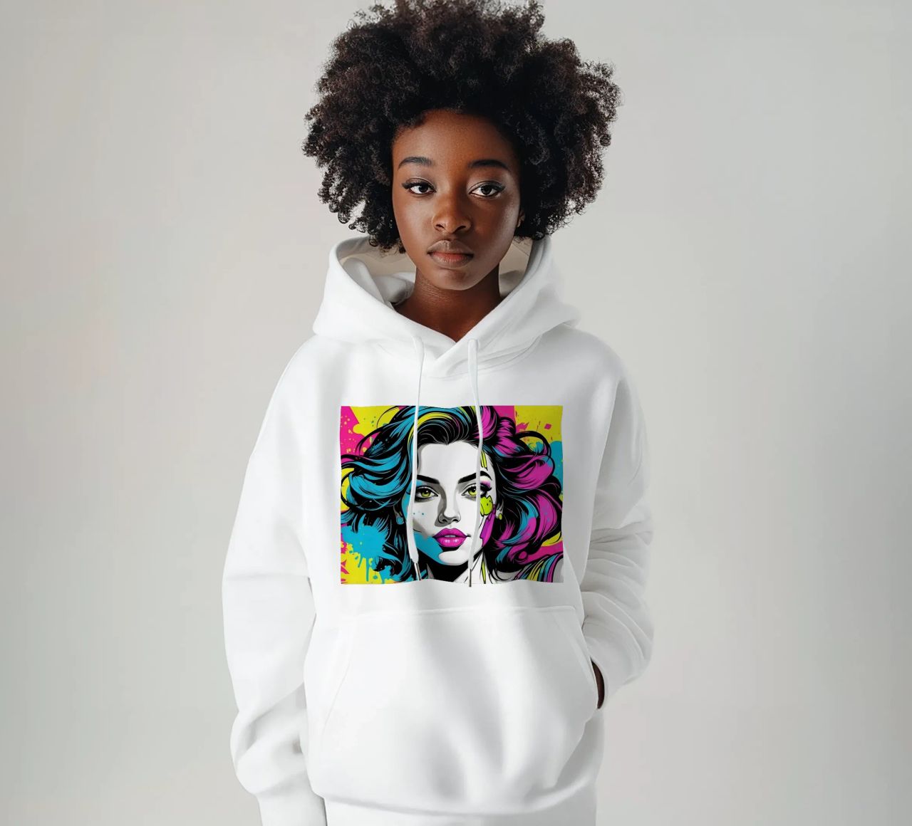 woman's portrait with bold colors and dynamic splashes hoodie by DesignDoodle