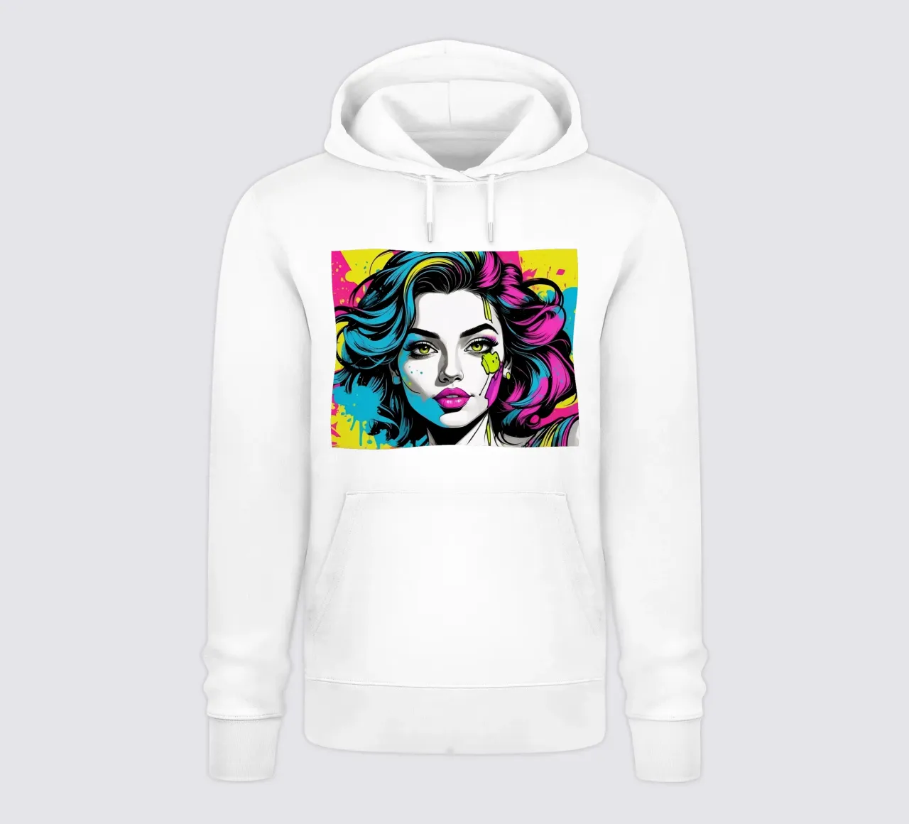woman's portrait with bold colors and dynamic splashes hoodie by DesignDoodle