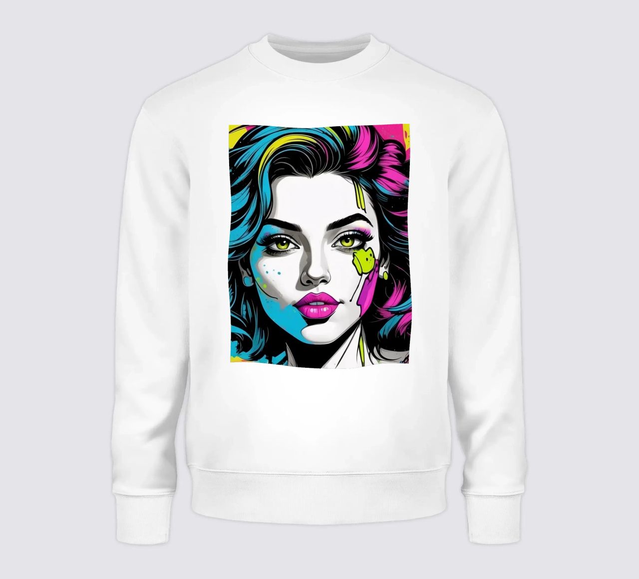 woman's portrait with bold colors and dynamic splashes sweatshirt by DesignDoodle