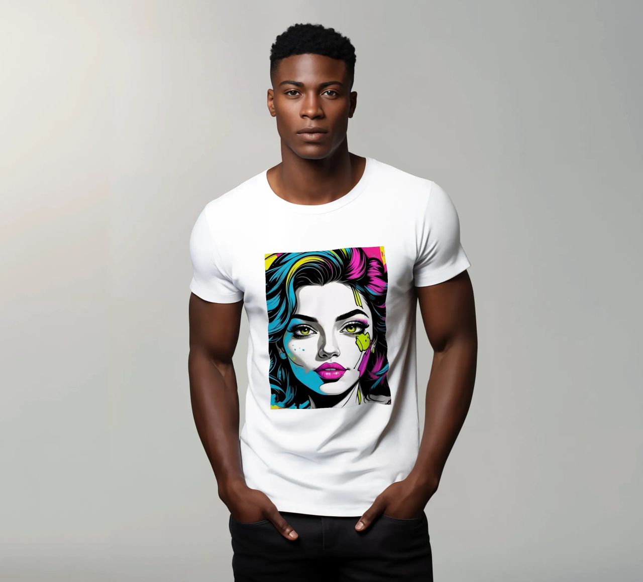 woman's portrait with bold colors and dynamic splashes t-shirt by DesignDoodle
