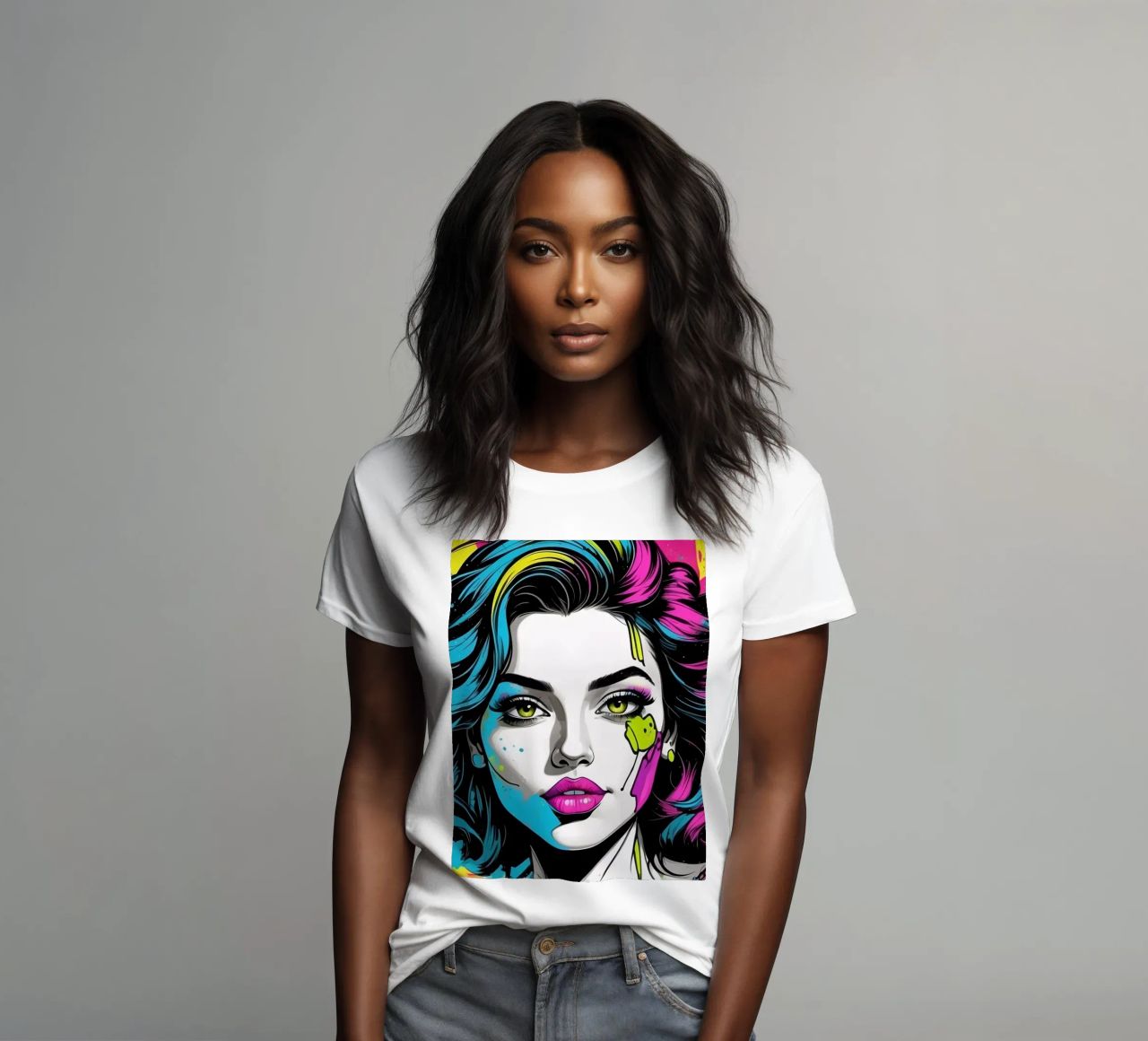 woman's portrait with bold colors and dynamic splashes women's fitted t-shirt by DesignDoodle