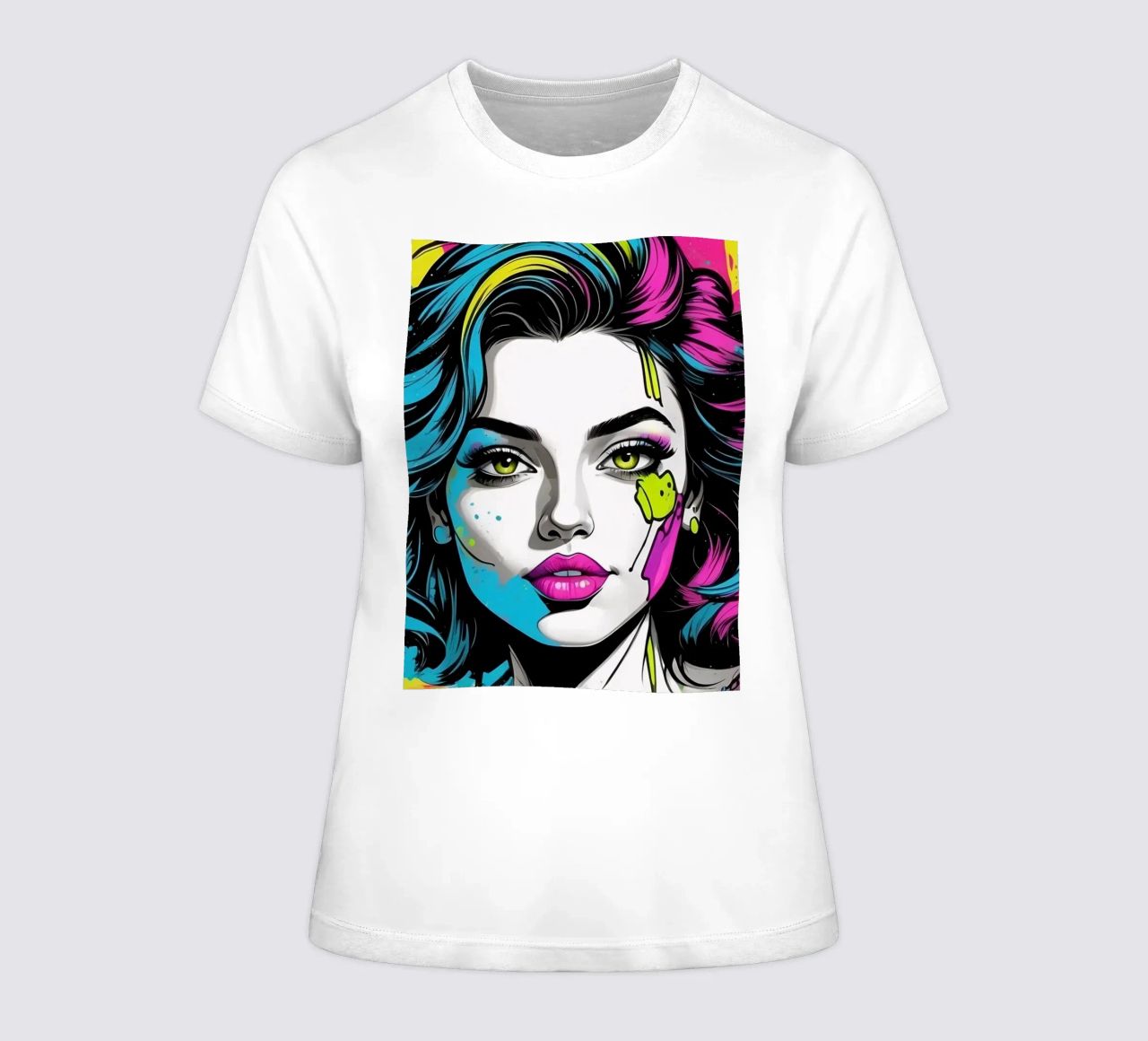 woman's portrait with bold colors and dynamic splashes women's fitted t-shirt by DesignDoodle
