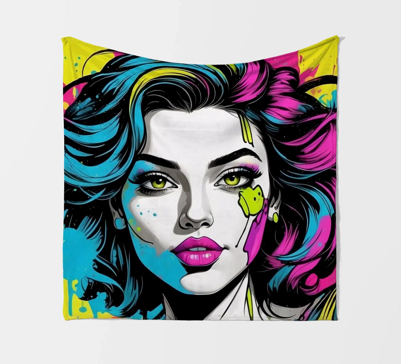 woman's portrait with bold colors and dynamic splashes fleece blanket by DesignDoodle