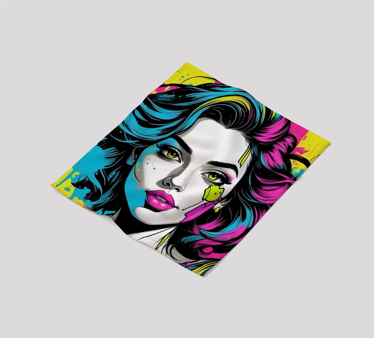 woman's portrait with bold colors and dynamic splashes fleece blanket by DesignDoodle