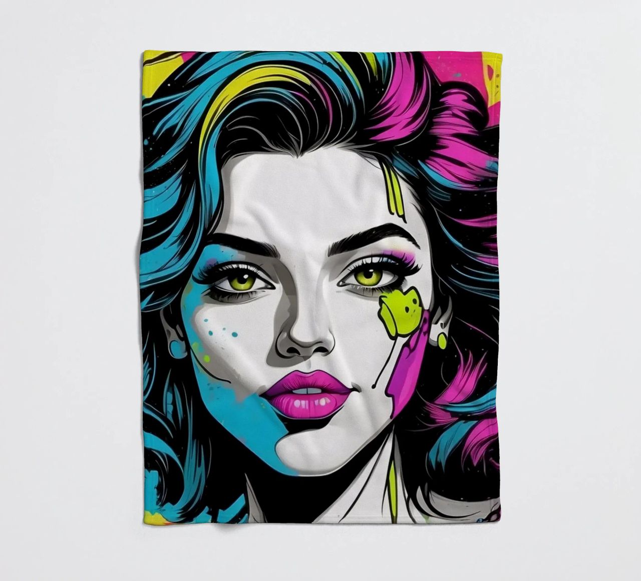 woman's portrait with bold colors and dynamic splashes fleece blanket by DesignDoodle