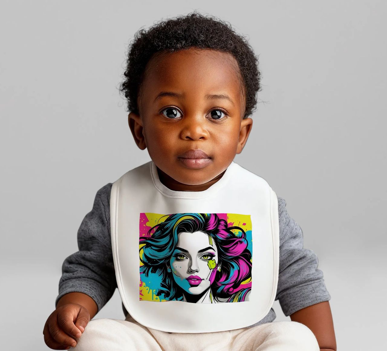 woman's portrait with bold colors and dynamic splashes baby bib by DesignDoodle