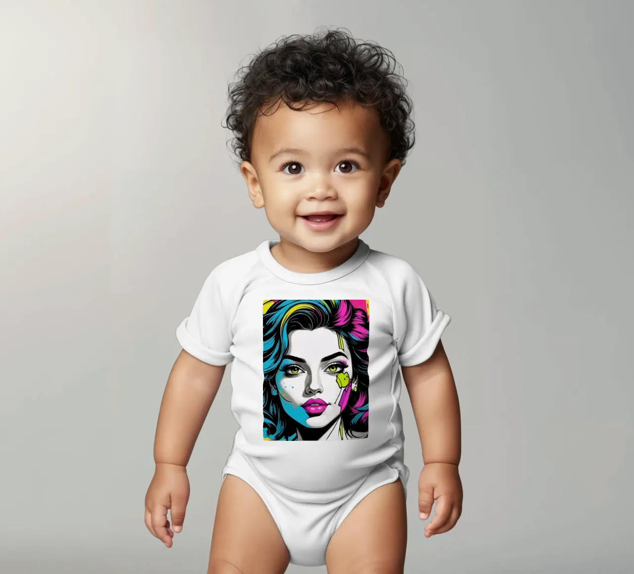 Vrouwenportret met felle kleuren en dynamische spatten babyrompertje korte mouwen van DesignDoodle