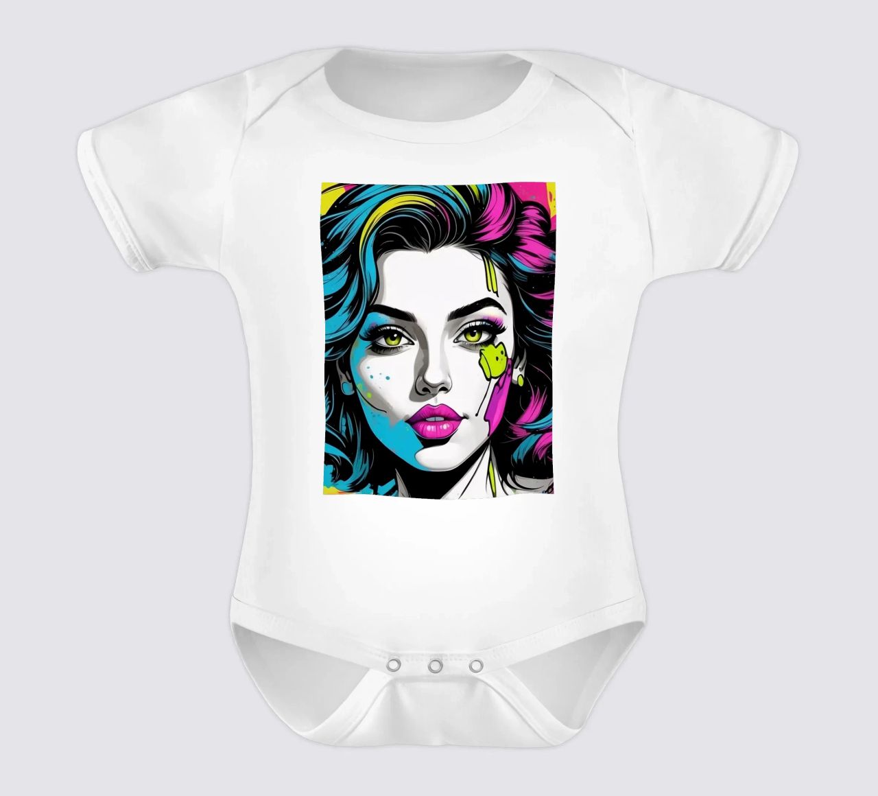 woman's portrait with bold colors and dynamic splashes short-sleeve baby romper by DesignDoodle